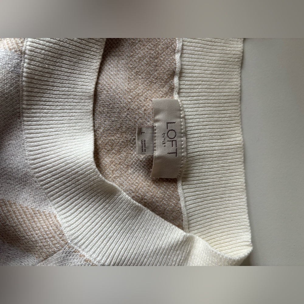 LOFT Plaid Crew Neck Sweater - Cream and Brown - Picture 5 of 6